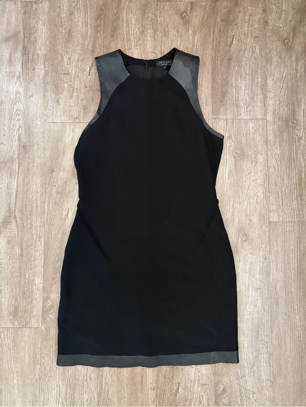 Rag & Bone Black Faux Leather Trim Sheath Dress Sz 4 Sleeveless Racerback Mini
